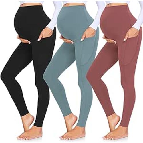 GROTEEN 3 Pack Women's Maternity Leggings Over The Belly with Pockets Super Soft Workout Pregnancy Yoga Pants