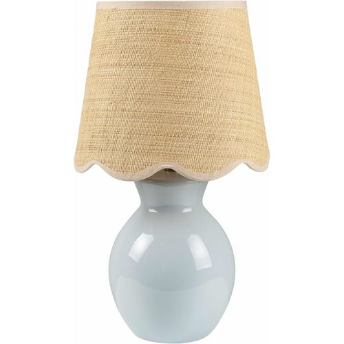 Salgareda Boho Ceramic and Jute Bedside Table Lamp for Bedroom Nightstand - End Side Table Lamp for Living Room - Shade Rattan - Blue Gray, Beige - 15" H