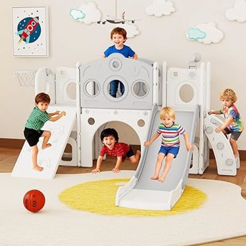 9 in 1 Toddler Slide Set Playground Indoor & Outdoor Fun for Kids & Babies Aged 1-3, Featuring Climbing Board, Basketball Hoop, Telescope, Storage Space and Non-Slip Steps, Gray & White
