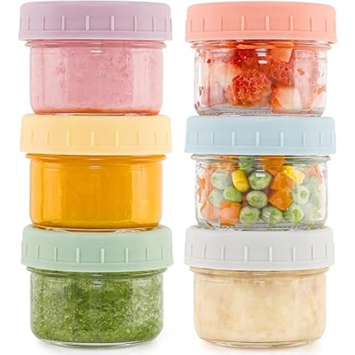 Caperci 6-Pack Glass Baby Food Storage Containers - 4 oz freezer safe Baby Food Storage jars with Lids, small glass baby puree containers,Baby Bullet Jars, Microwave & Dishwasher Safe, BPA Free