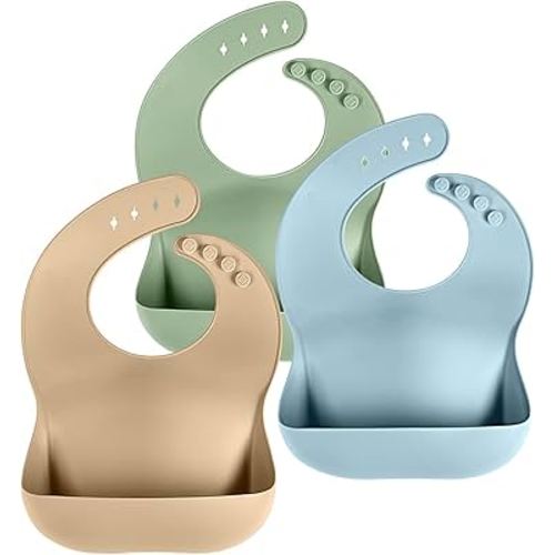 Cuddle Campus Set of 3 Silicone Bibs for Babies & Toddlers,Soft Adjustable Bibs with Pocket Food Catcher for Baby Girl,Boy (Neutral)