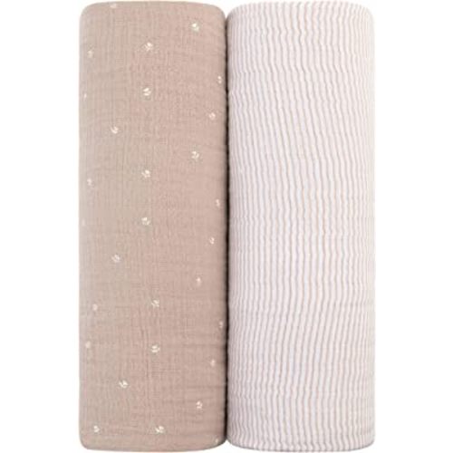 Ely's & Co. Muslin Swaddle Blanket 2-Pack — 100% Cotton Muslin Extra-Large Swaddle Blankets (47” x 47”) White Tulip on Pink + Stripes