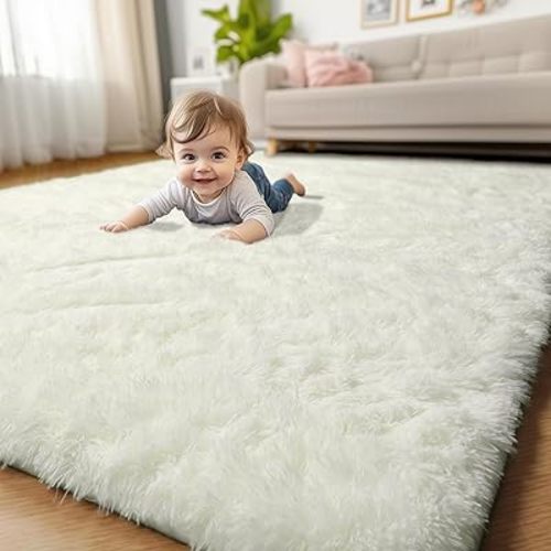 Amdrebio Ivory Area Rugs for Bedroom Living Room, 5x8 Soft Fluffy Modern Indoor Cute Carpet for Kids Room, Home Decor, Thick Fuzzy Rugs for Playroom Nursery Dorm Classroom, Cozy Furry Cream White Rug