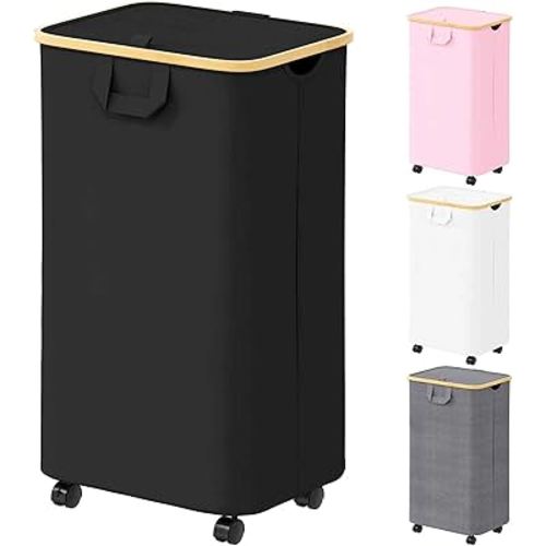 SpaceAid Laundry Hamper with Wheels and Lid, 26 Gal (100L) Rolling Clothes Basket with Bamboo Handle, Large Laundry Hamper for Bedroom, Bathroom, Dorm, Laundry Room - Black