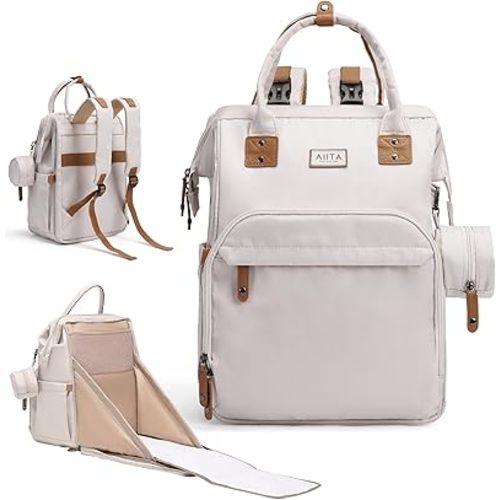 Diaper Bag Backpack, Multifunction Diaper Bag with Changing Station, Stylish Baby Bags, Large Unisex Diaper Backpack for Mom and Dad, Baby Registry Search, Portable Changing Pad – White Beige