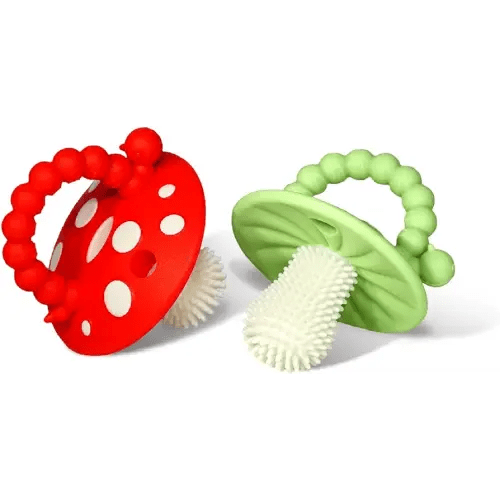 RaZbaby Chompy Teether for Infant & Baby 3M+ Teether Toy with Massaging Bristles for Teething Relief Pacifier - Soothes Sore Gums - Hands-Free & Easy-to-Hold Teether, BPA Free - RED/Green