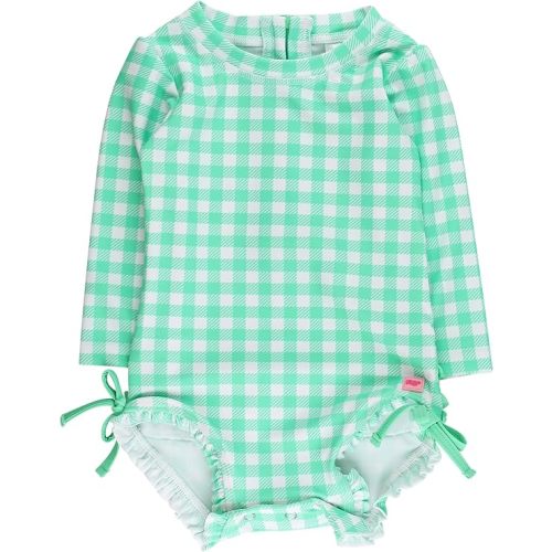 RuffleButts Baby Girls UPF 50+ Sun Protection Gingham Printed Long Sleeve One Piece Rash Guard Swimsuit with Zipper