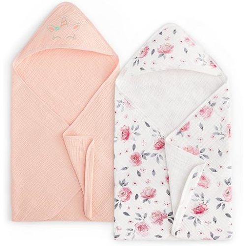 PHF 100% Muslin Cotton Baby Hooded Towels, 2 Pack Bath Towel with Hood for Newborn, Infant, Toddler, Ultra Soft and Absorbent Baby Bath Essentials, Shower Gifts for Girls, 32x32Inch, Pink Floral