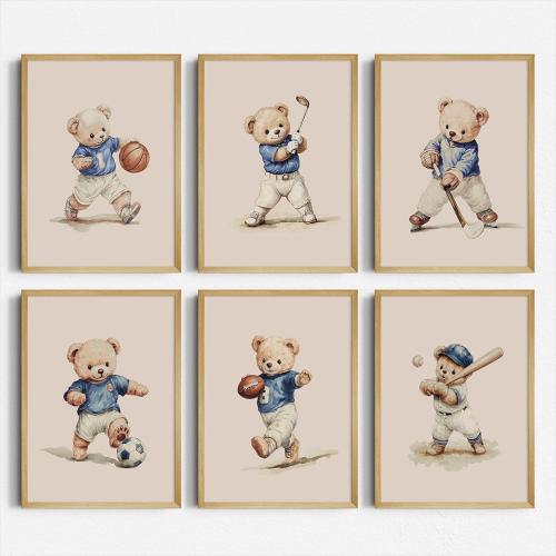 Watercolor Teddy Bear Sports Prints: Vintage Nursery Wall Art (Digital Download)