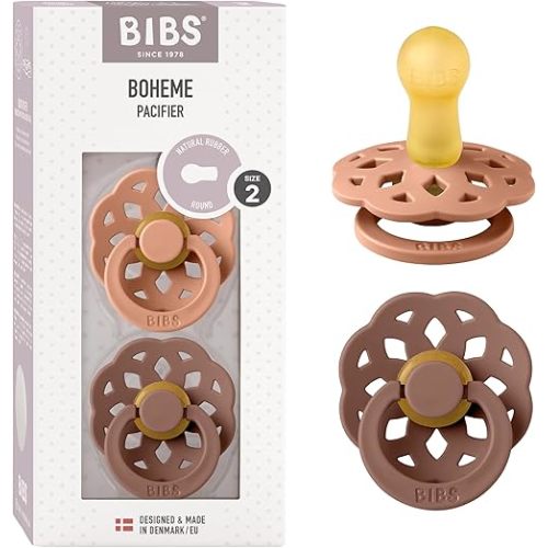 BIBS Pacifiers - Boheme Collection | BPA-Free Baby Pacifier | Made in Denmark | Set of 2 Peach/Woodchuck Color Premium Soothers | Size 6-18 Months