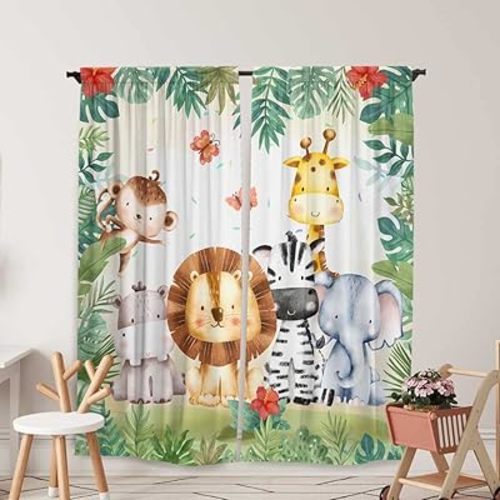 Jungle Safari Window Curtains for Kids Boys Girls Watercolor Cartoon Forest Animals Baby Living Room Bedroom Nursery Toddler Rod Pocket Drapes Home Party Decor Durable Fabric 84 in x 84 in