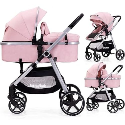 2-in-1 Baby Stroller with Bassinet Mode - Folding Infant Newborn Pram Stroller with Reversible Seat - Toddler Strollers for 0-36 Months Old Babies (Pink)