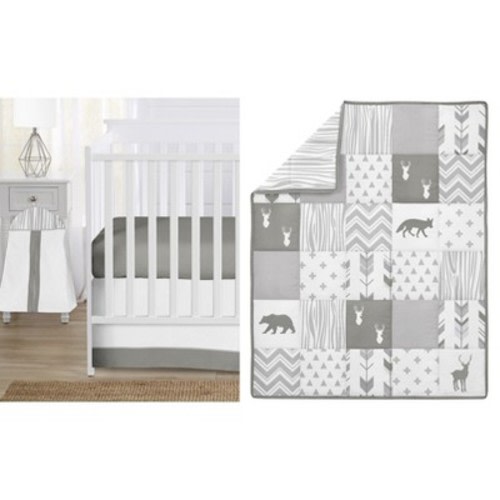 Sweet Jojo Designs Boy Girl Gender Neutral Unisex Baby Crib Bedding Set - Woodsy Collection Grey and White 4pc