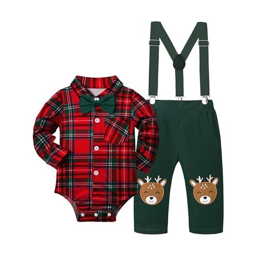 Oranchids Baby Boy Christmas Outfit My First Christmas Plaid Gentleman Romper + Reindeer Suspender Pants 0-12Months 2Pcs