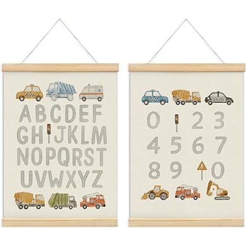 KDHTY ABC Alphabet Chart Wall Art,Toddler Learning Posters Hanger Frame,Car Wall Art Decor,Toddler Boy Room Decor for Toddler Playroom Nursery,12x16 Inch,Set of 2