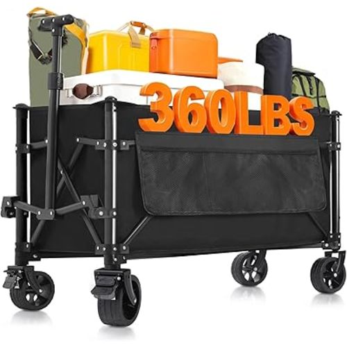 Favoyard Collapsible Wagon Carts Foldable 150L & 360LBS Portable Folding Wagons with All-Terrain Wheels & Brakes Heavy Duty Outdoor Utility Cart for Beach Grocery Camping Shopping Sports Garden, Black