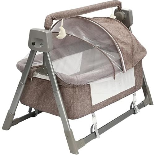 Electric Cradle Baby Swing Bed Rocking Chair, 5Gears Adjustable Automatic Rocking Recliner Crib Basket, Foldable and Portable Music Remoter Control Rocker Sleeping Basket Cot (Khaki)