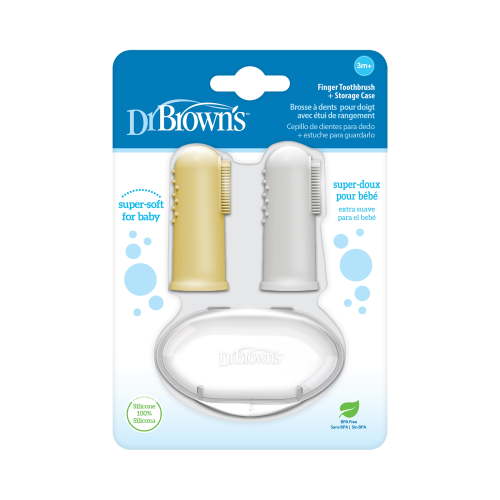 Dr. Brown's 100% Silicone Baby Finger Toothbrush + Storage Case, Gray/Yellow, 3m+, 2 Pack