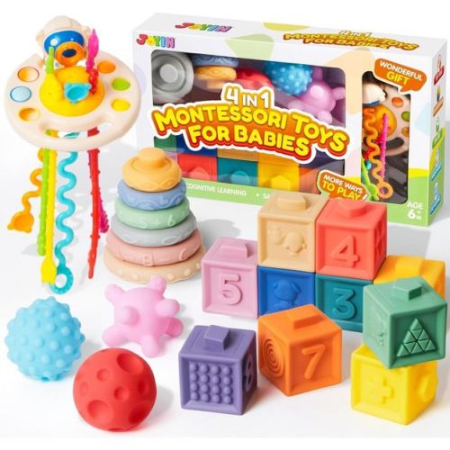 Joyfy Montessori Toys For Baby 0-3-6-12 Months, 4-in-1 Food-grade Sensory Toys, Infant Stacking Circles Teether, Learning Gifts For Baby Girls Boys