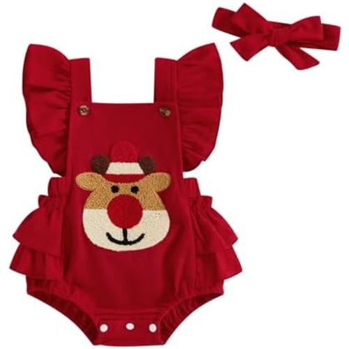 My First Christmas Baby Girl Outfit Newborn Rudolph Bubble Romper Overalls Ruffle Onesie Corduroy Clothes