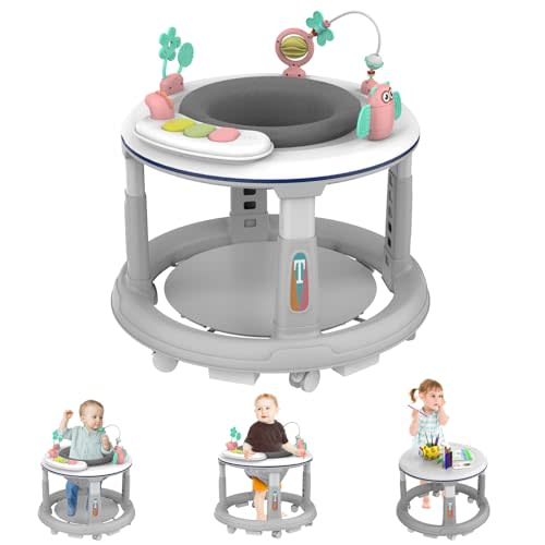 Baby Walker, Baby Walker with Wheels, Baby Walker with Music and Lights, Baby Walkers and Activity Center for Boys Girls Babies 6-12 Months, 5 Adjustable Heights, Detachable Toys and Bounce Foot Pad
