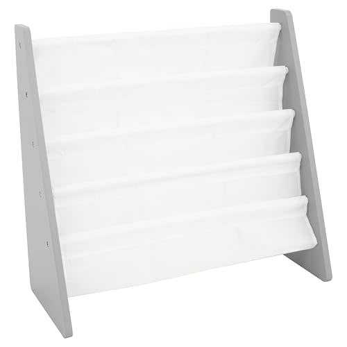 Humble Crew 4-Tier Kids Bookshelf, Grey Wood/White - Premium Book Shelf for Kids Rooms with Four Deep Pockets - Toddler Sling Book Rack with Deep Sleeves, Nursery Bookcase Organizer