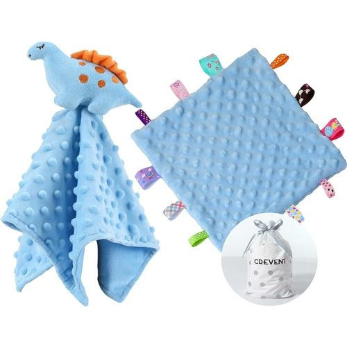 CREVENT Cozy Plush Baby Security Blanket Loveys for Baby Boys, Minky Dot Front + Sherpa Backing with Animal Face (Blue Dinosaur + Tag)