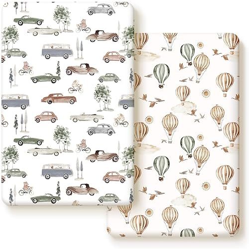 Pack n Play Sheets Fitted 2 Pack, Stretchy Ultra Soft Jersey Knit Pack and Play Sheets, Universal Fitted Portable/Mini Crib Mattresses Snug and Safe, Stylish Cars Print for Boys and Girls