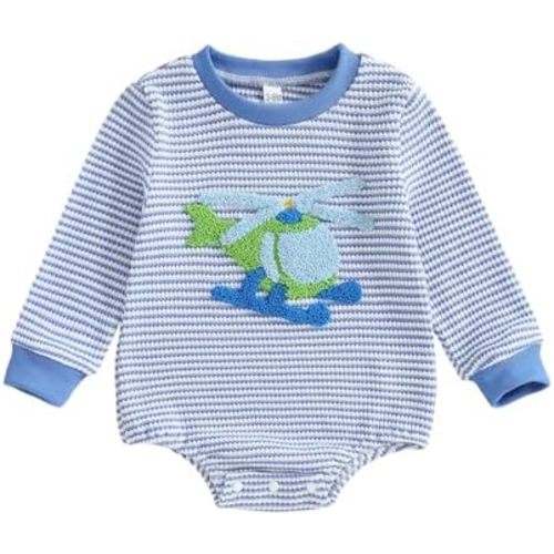 Newborn Baby Boy Fall Winter Clothes Embroidered Long Sleeve Sweater Bubble Romper Infant Waffle One Piece Outfit
