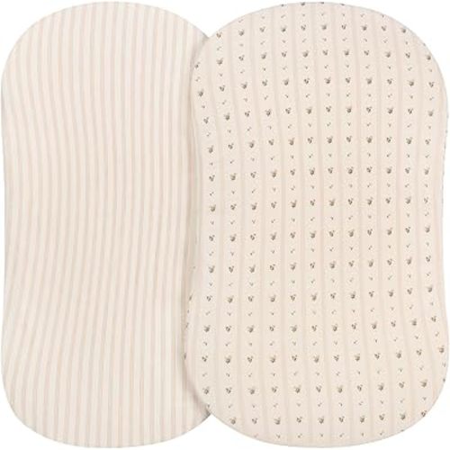 Elys & Co. Bassinet Sheets, Baby Girl Fitted Bassinet Mattress Sheet Set, 2 Pack, 100% Jersey Knit Cotton, Pink Linear Floral Collection, 32x16x3