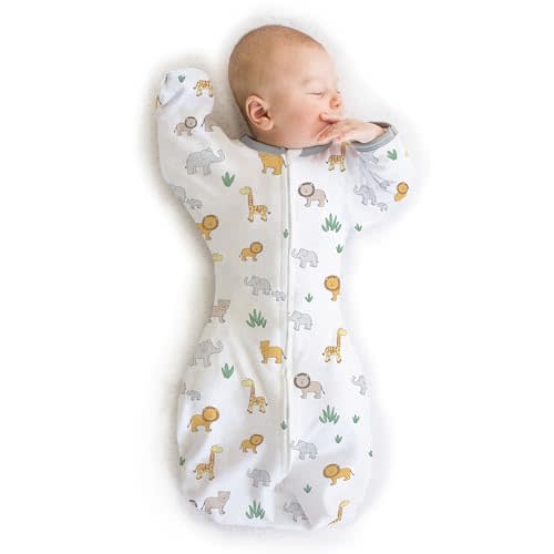 Amazing Baby Transitional Swaddle Sack with Arms Up Half-Length Sleeves and Mitten Cuffs, Medium, 3-6 Months, 14-21 lbs, On Safari (Arms Up Swaddle, Transition Swaddle Sleep Sack for Better Sleep)