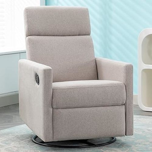 Swivel Rocking Recliner Chair for Adults, Nursery Glider Chair Manual Reclining Single Sofa Chair, Linen Upholstered Glider Rocker Recliner with High Back, Tan