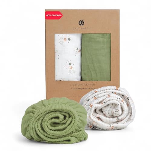 Salt Earth 100% Organic Cotton Muslin Standard Fitted Crib Sheet, 52"x28", 2 Pack Soft Breathable Natural Cotton Sheets Baby Mattress Bed Sheets, No Slip Neutral Baby Crib Sheet (Green & Star)