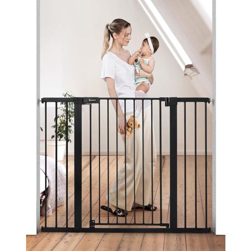 COMOMY 36" Extra Tall Baby Gate for Stairs and Doorways - Fits 29.5" to 48.8" Wide Openings, Auto Close Extra Wide Dog Gate for House, Pressure Mounted Easy Walk Through Pet With Door, Black
