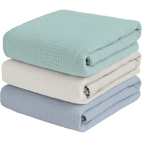 Muslin Swaddle Blankets for Baby Boy, Receiving Blankets for Boys Nursery Large 47 x 47 Inches Soft Breathable Cotton Blanket for Newborn 3 Packs, Sage Green, Cream White, Blue