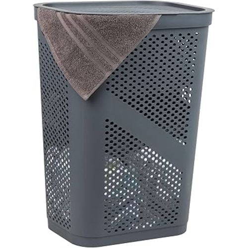 Mind Reader Slim Laundry Hamper with Lid, 60L Clothes Basket, Ventilated Plastic, Gray