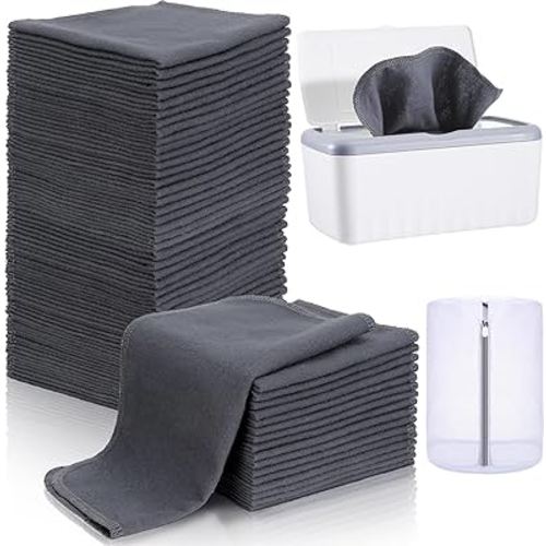Mixweer 84 Pack Flannel Cloth Baby Wipes with Dispenser Soft Natural Unbleached Baby Face Wipes Reusable Baby Wipes for Cloth Diapers, 8 x 8 Inch Each(Gray)