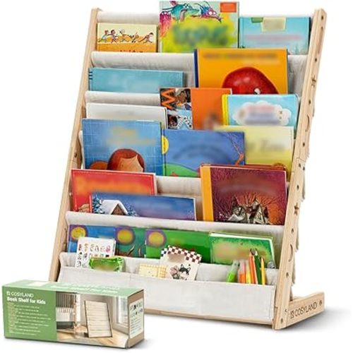COSYLAND 7-Tier Toddler Bookshelf for Kids Room – Wooden Sling Book Rack with Deep Fabric Pockets - Floor Standing Picture Book Display for Nursery, Playroom, Study, Living Room (Natural)