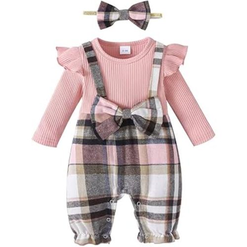 Baby Girl Clothes Fall Winter Outfit Infant Girl Plaid Long Sleeve Ruffle Romper One Piece Jumpsuit with Headband