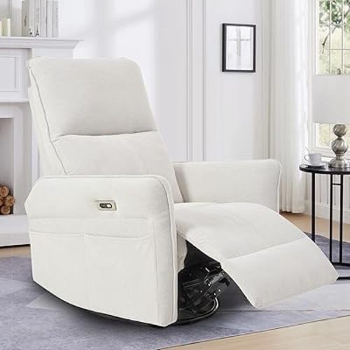 Power Swivel Rocker Recliner with USB, Overstuffed Electric Reclining Chair, Snowflake Fleece Rocker Recliner for Small Spaces, Living Room