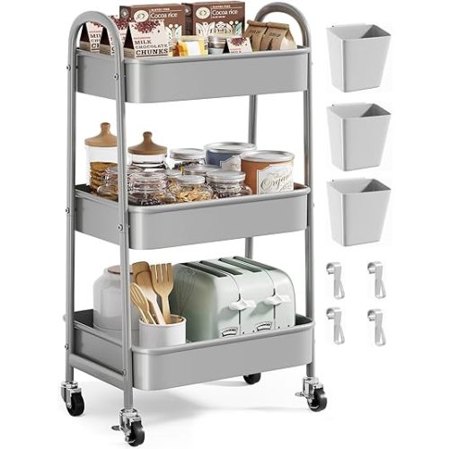 Gray 3 Tier Rolling Storage Cart on Wheels, Sturdy Metal Organizer Cart with Wheels and Handle, Three Tiered Utility Carts for Book, Art, Craft, Snack, Cleaning, Kitchen, Easy Assembly, Mesh Shelves