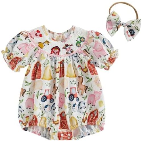CIYCUIT Baby Girl Smocked Romper Bow Tractor Print Bodysuits Jumpsuits with Headband