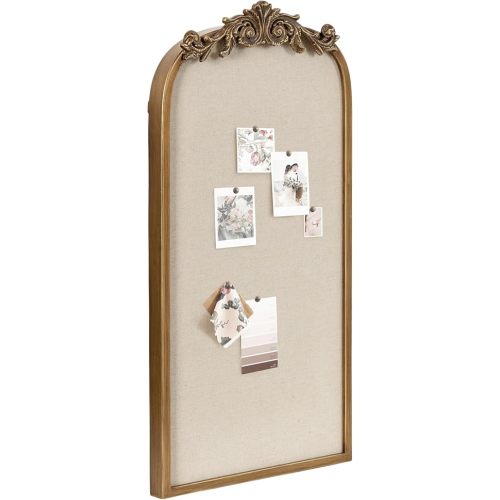 Kate and Laurel Arendahl Arch Pinboard, Gold, 13 x 25, Framed Arched Ornate Vintage Cork Board for Unique Display, Organization, and Decor Options