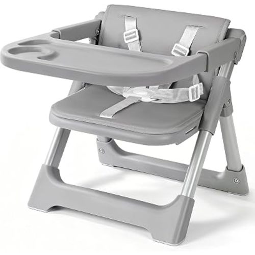 Baby High Chair Booster Seat: Portable Booster Seat for Kitchen s Dining Chair Foldable Highchair - Travel Size Tool-Free Setup Adjustable Tray (Grey)