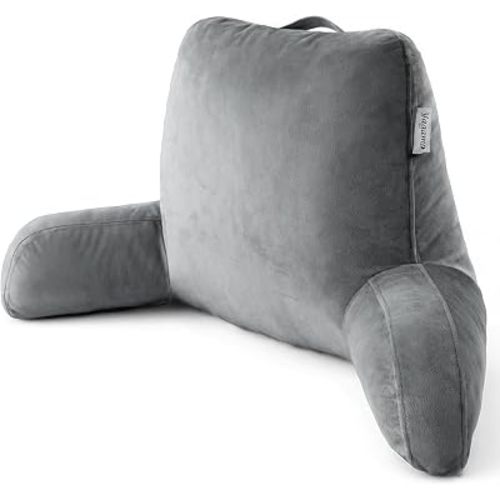 Reading Pillow with Adjustable Memory Foam,Adult Backrest with Arms, Back Pillow for Sitting in Bed with Washable Cover- Large, Gray