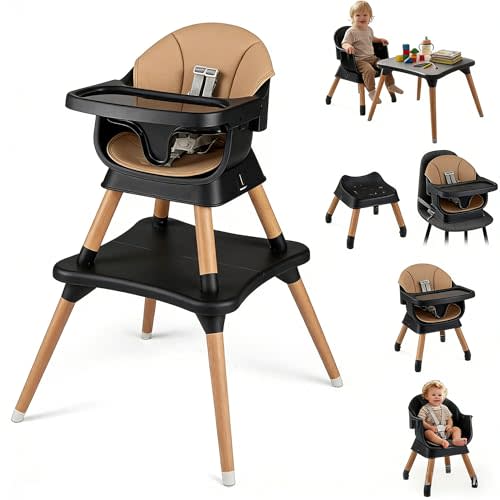 HONEY JOY 9-in-1 Baby High Chair, Convertible Wood Highchair for Babies and Toddlers/Dining Booster Seat/Table & Chair Set, Toddler Stool w/5-Point Safety Harness, Removable Cushion & Tray (Coffee)