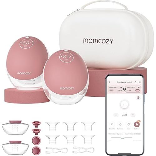 Momcozy Breast Pump Hands Free Upgraded Mobile Flow | M9, App Discreet Control with Personalized Multi-Modes & 15 Levels, Wearable Breast Pump 24mm, 2 Pack Cozy Red