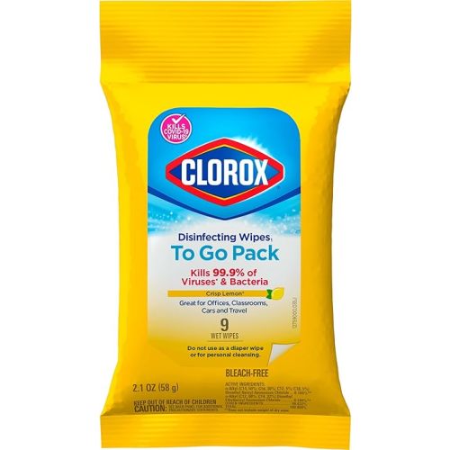 Clorox Disinfecting Wipes On The Go Travel Wipes, Crisp Lemon, 9 Count (Package May Vary)