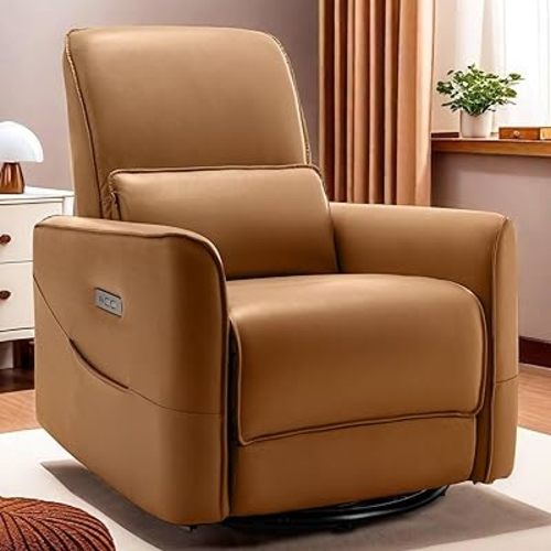 Nursery Glider Recliner Chair, Power Rocker Swivel Recliner with USB and Type-C Ports, Electric Reclining for Adults with Streamlined Side Pocket, and Lower Back Support for Living Room