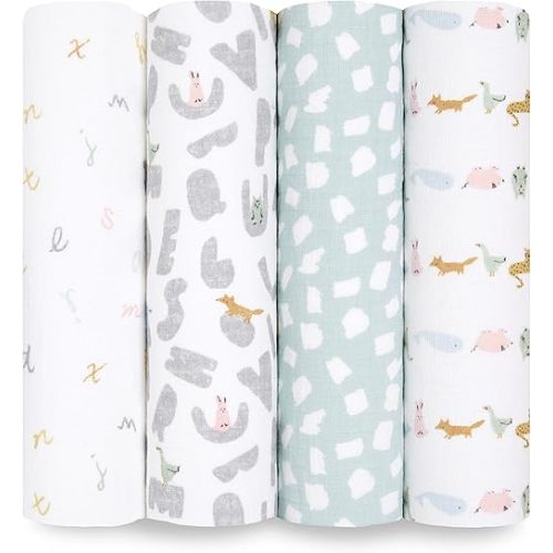 aden + anais Essentials Swaddle Blanket, Boutique Muslin Blankets for Girls & Boys, Baby Receiving Swaddles, Ideal Newborn & Infant Swaddling Set, Perfect Shower Gifts, 4 Pack, Alphabet Animals